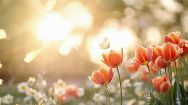 A field of flowers with a bright sun shining on them