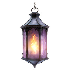Glowing Decorative Lantern with Flame Interior Hanging on Chain Lighting. Enchanted Objects and Magical Artifacts Concept