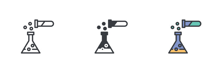 Test tube, flask, and bubbles different style icon set