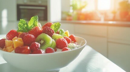 Fresh and Colorful Fruit Bowl with Garnish in Sunlit Kitchen