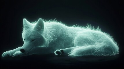 Glowing white wolf resting on dark background.
