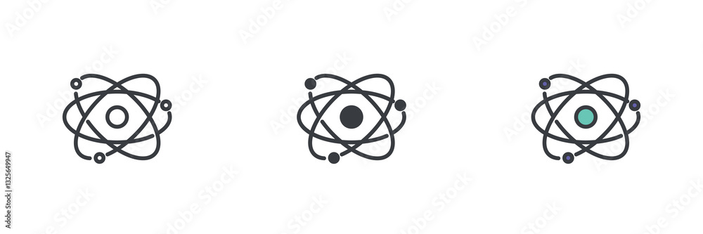 Wall mural atom, with a central nucleus and orbiting different style icon set