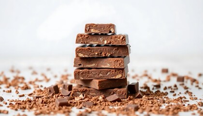 Chocolate Bars Scattered Chocolate Shavings A White Background