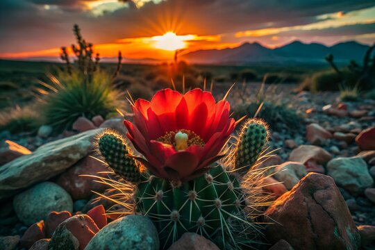 A vibrant desert flower blooming among scattered rocks, bathed in the warm glow of a golden sunset with distant mountains 2562