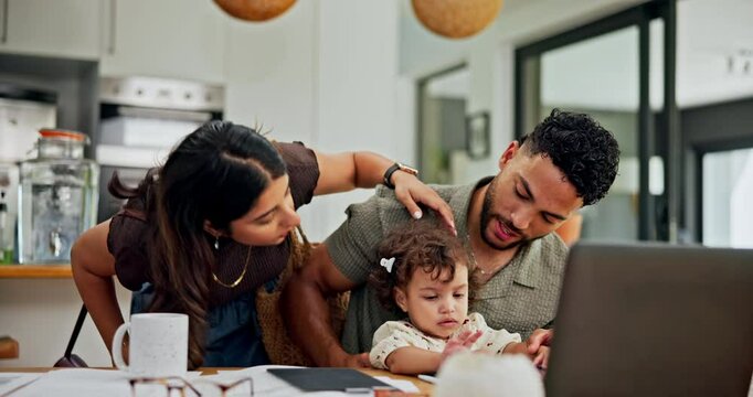 Morning, woman and kiss family goodbye in dining room for greeting, relationship or depart home. Love, baby and mother with bonding for affection, connection and dad with remote work, support or care