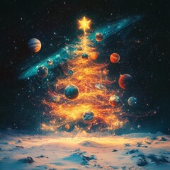 Cosmic Christmas Tree with Planets and Stars in Outer Space