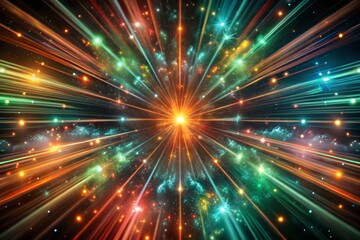 Naklejka premium Vibrant cosmic explosion, Multicolored light burst, Abstract space nebula, Radiant energy rays