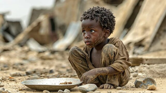 A little African boy sits on his knees beside an empty plate, picking up rocks from the surroundings. He is filthy, undernourished, and has untidy hair. 