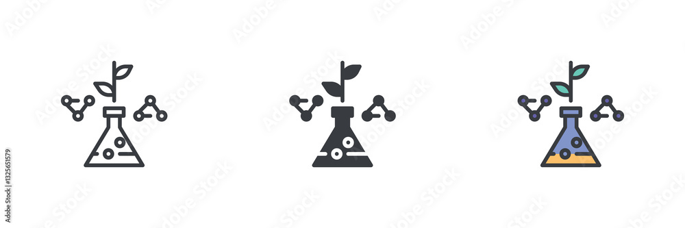Fototapete Conical flask with spout and molecular structure different style icon set