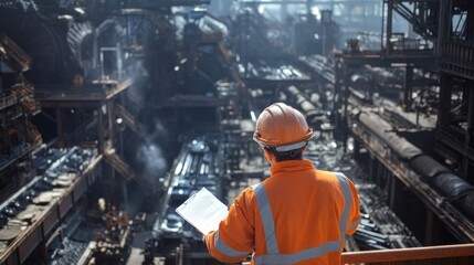 Fototapeta premium Industrial Worker Reviewing Documents at a Steel Mill