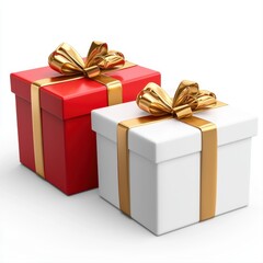 Obraz premium Two Square Gift Boxes Red And White With Gold Ribbons On White Background