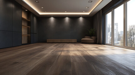 Fototapeta premium Modern Interior Room With Dark Walls And Wooden Floor Featuring Large Windows And Natural Daylight