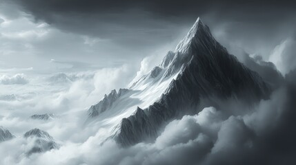 Majestic mountain peak above clouds, dramatic sky, inspirational scene