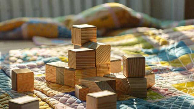 Wooden blocks building on colorful quilt with sunlight play