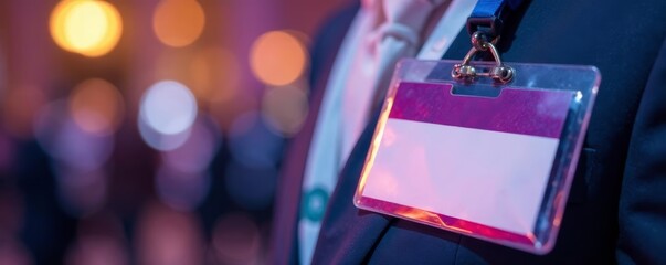 Close-up of a conference badge with blank space for name, blank, conference