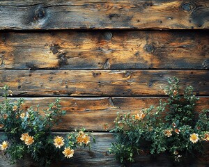 Fototapeta premium Two rustic wooden planters, adorned with vibrant flowers in full bloom, are mounted on a weathered wooden wall, creating a charming and inviting outdoor atmosphere.