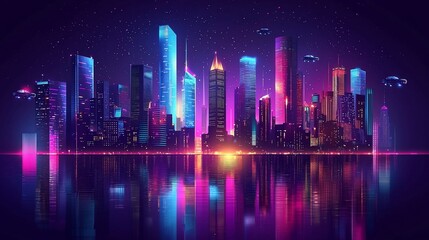 Fototapeta premium Futuristic city skyline at night, reflecting in water.