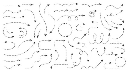 Hand drawn curved dashed arrows collection, doodle elements, vector eps10 illustration