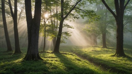 Fototapeta premium A misty morning scene with soft light filtering through fresh spring foliage.