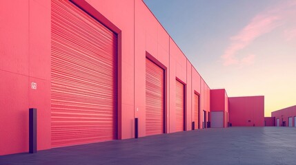 Obraz premium A pink industrial building has several closed roll up doors