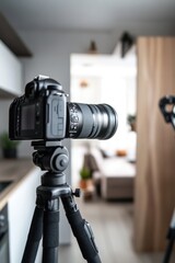 DSLR Camera on Tripod in Modern Apartment