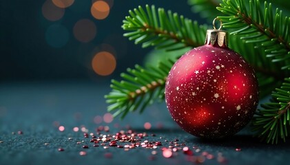 Obraz premium Sparkling glass ball glitters on evergreen fir branch, holiday, festive, sparkly