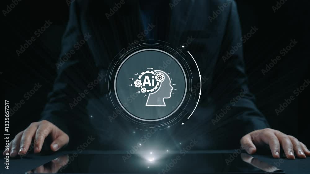 Poster human interact with ai artificial intelligence brain processor in concept of ai artificial intellige