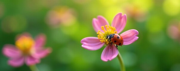 Obraz premium Ladybug rests on a delicate pink flower stem in a lush green garden, nature photography, ladybug, pink flower stem