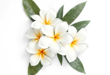 Fototapeta premium Off-center white frangipani blossoms, petals unevenly spaced, against pure white backdrop, graphic, plumeria