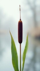 Single cattail stem against a snowy white background, wetland, isolated