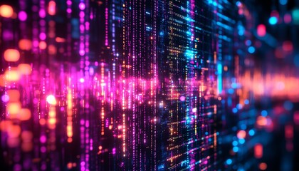 Fototapeta premium Colorful computer code in closeup on a monitor, blurred background, generative AI programming, vibrant neon colors, digital transformation, tech development scene