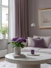 A cozy living room featuring soft lavender hues, decorative pillows, a circular coffee table, and fresh flowers, creating a serene and inviting atmosphere.