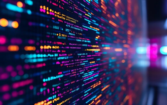 Detailed closeup of colorful programming code on a monitor, blurred background, generative AI technology, neon code lines, hightech development, futuristic design