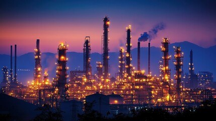 Obraz premium Illuminated industrial plant at dusk against a beautiful colorful sky