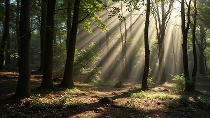 Fototapeta premium Dappled light filters through the forest floor, misty, earthy