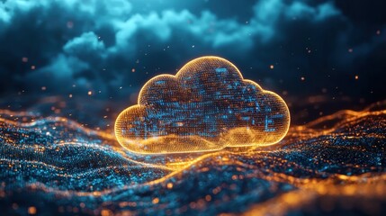 A digital cloud graphic presented with particles and luminous effects