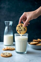 A person hand is dipping a cookie in a glass of milk for breakfast