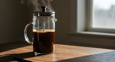A sophisticated scene of French press coffee brewing with steeped grounds in a clear glass carafe on a wooden table
