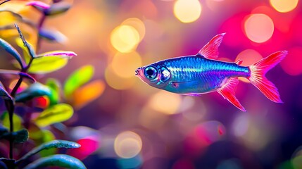 Fototapeta premium Vibrant, colorful fish in aquarium. Bokeh background creates a magical atmosphere