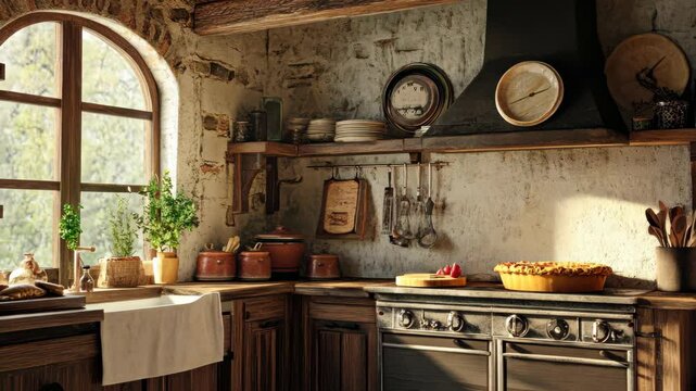 Rustic kitchen sunlight with fresh homebaked pies and cozy wooden decor in morning glow