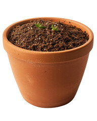 Terracotta pot with soil isolated on white background. PNG transparent.	

