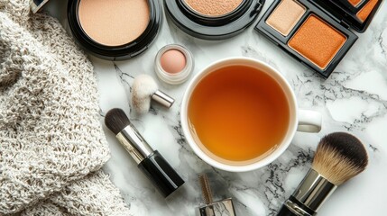 A cup of tea with makeup products on marble surface