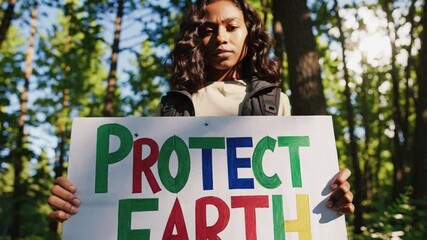 A Young Female Environmental Activist Holding a 'Protect Earth' Sign in a Lush Green Forest, Advocating for Environmental Awareness and Sustainability