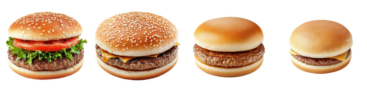 Assorted Appetizing Burgers with Diverse Toppings on a White Background  A variety of delicious savory hamburgers displayed on a plain white surface