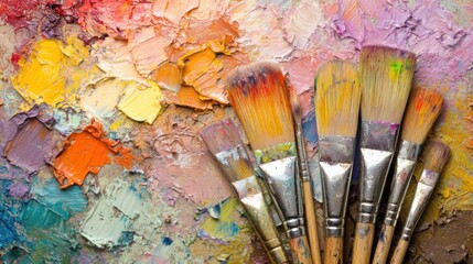 Fototapeta premium Colorful Palette with Brushes for Creative Painting and Art Projects