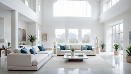 This image depicts a modern, minimalist living room with high ceilings, large windows, and white walls.	
