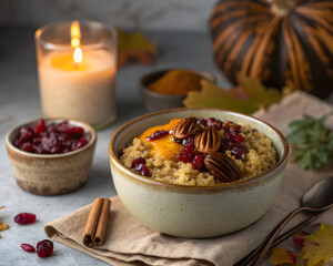 Thanksgiving Pumpkin Quinoa Porridge with Seasonal Decorations and Pecans 