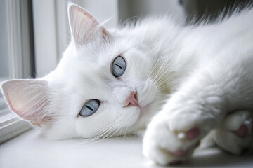 White cat lying down and looking through window