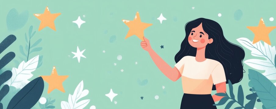 A smiling woman reaching for a star with a happy expression