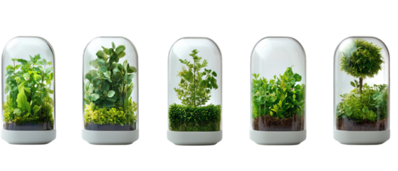 Png of A vibrant collection of miniature plants under glass domes, showcasing diverse greenery and lush textures on transparent background.